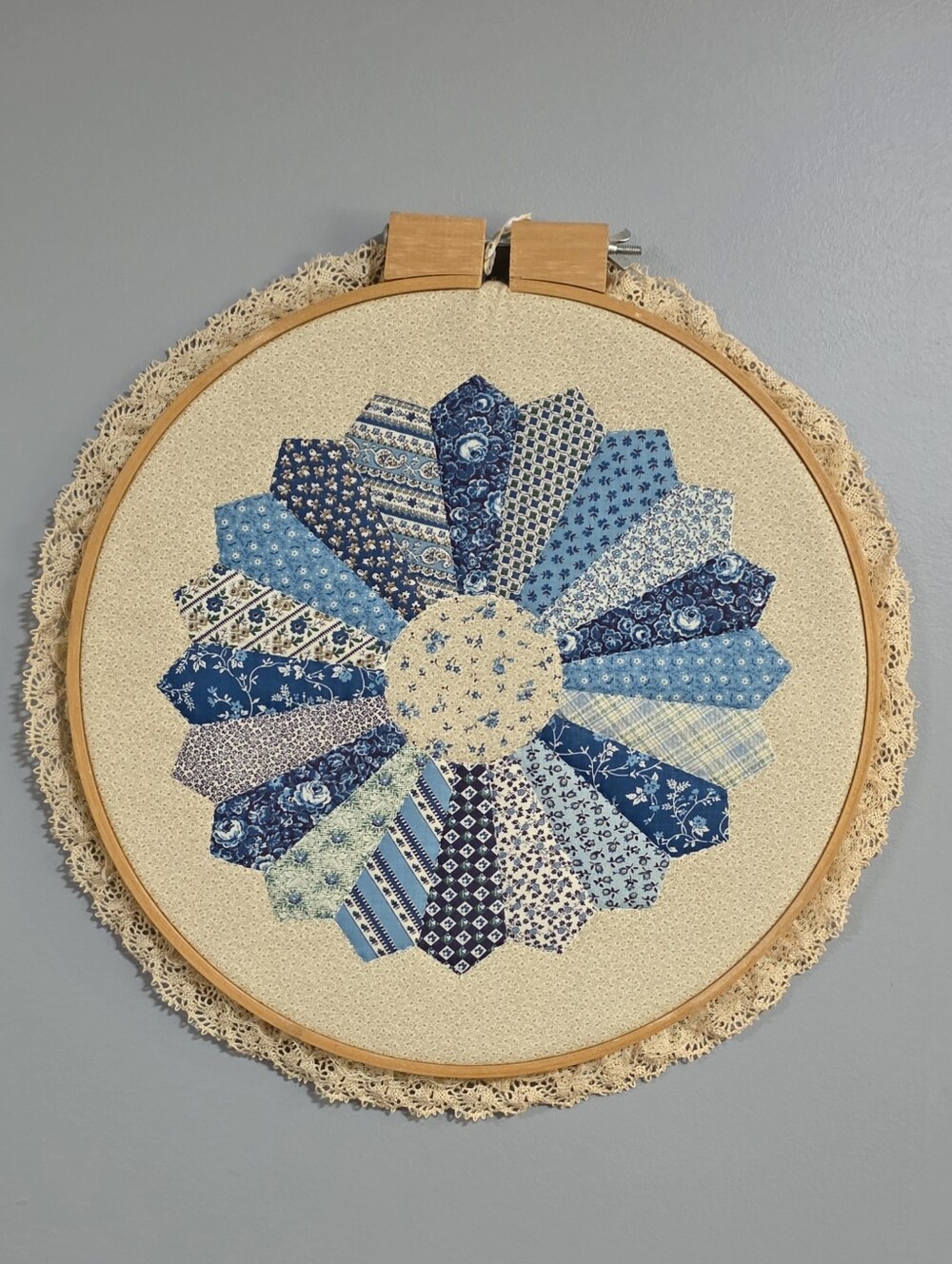 Handmade Blue Dresden Quilt Hoop Wall Art